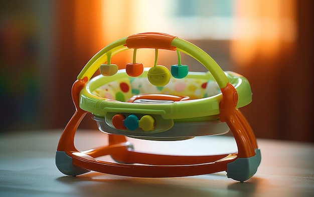 A baby walker perched on a rustic wooden table in a whimsical setting