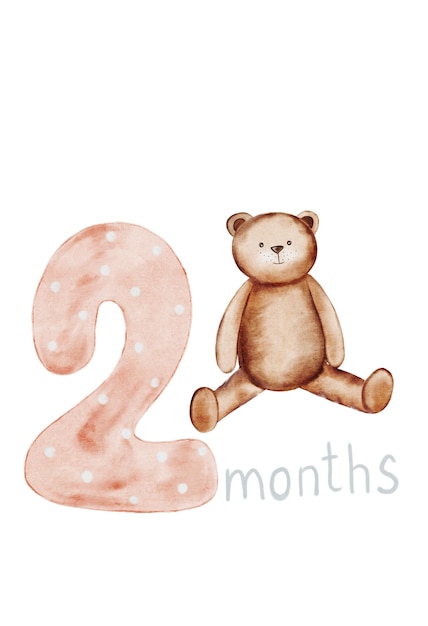 baby watercolor anniversary card illustration with teddy bear and number cute metric hand drawing