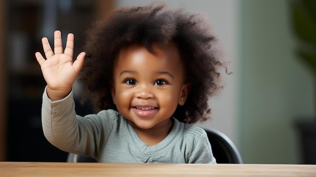 Photo a baby waving at the camera with a hand waving