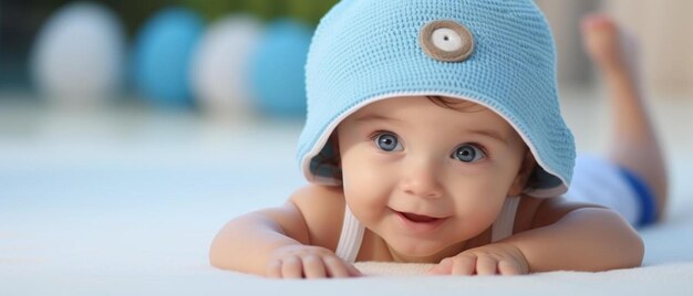 Photo a baby wearing a blue hat laying on the ground