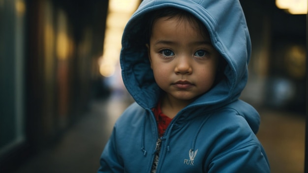 Foto un bambino che indossa un cappuccio blu