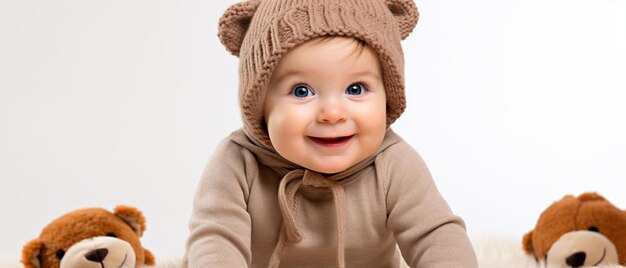 Photo a baby wearing a brown bear hat next to two brown teddy bears