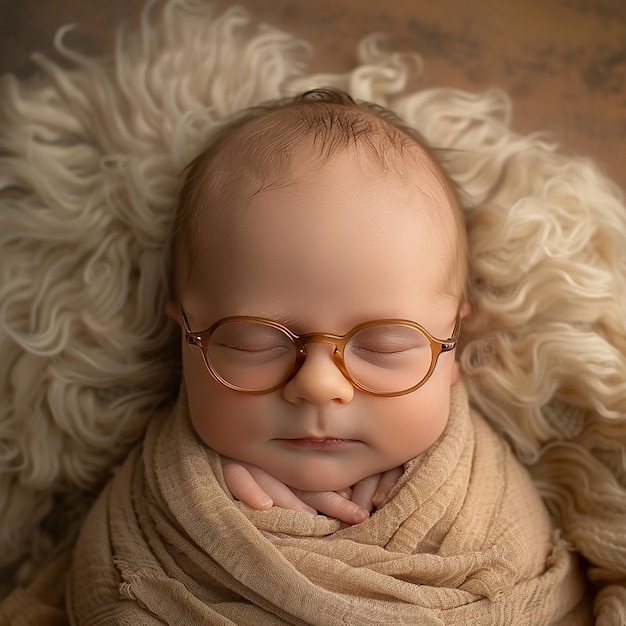 a baby wearing glasses and a scarf with a blanket on it