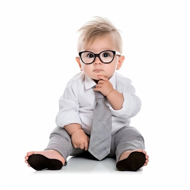 ребенок в очках и галстуке с рубашкой с надписью «он в очках».