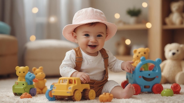a baby wearing a hat and overalls playing with a yellow toy truck