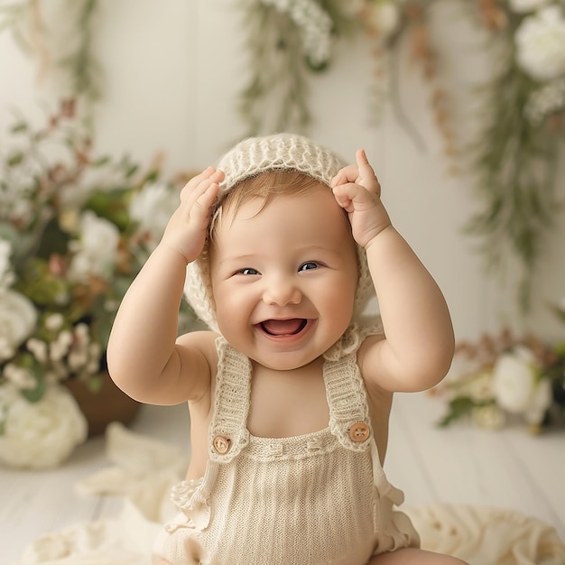 a baby wearing a hat that says baby on it