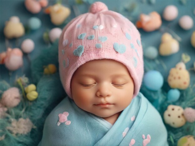 a baby wearing a hat with a blue heart on it