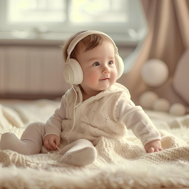 A baby wearing headphones sitting on a bed with a blanket and a window in the background with a curt