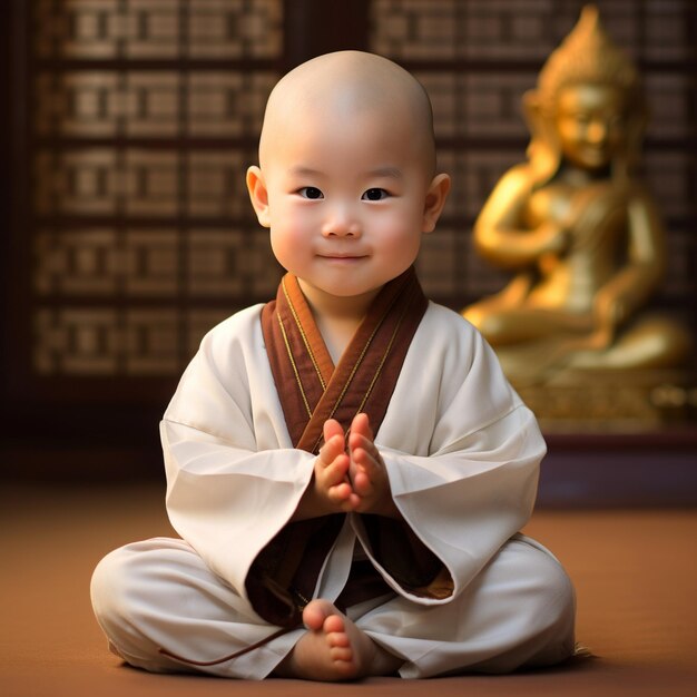 A baby wearing a kimono sits on the floor with a buddha statue behind him