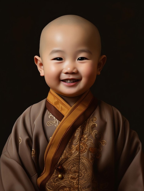 a baby wearing a kimono with a yellow sash around his neck.