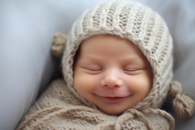 a baby wearing a knitted hat that says  baby