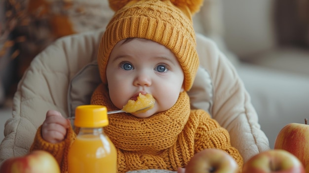 Baby wearing knitted sweater sitting in high chair feeling hungry holding spoon and eating puree