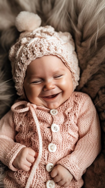 A baby wearing a pink knitted hat smiles for the camera.