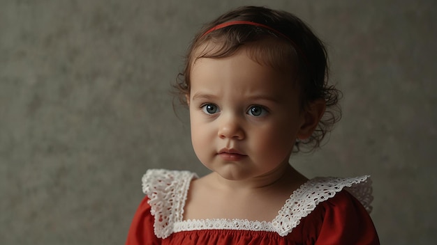 색 렌즈 트림으로 빨간색 드레스를 입은 아기