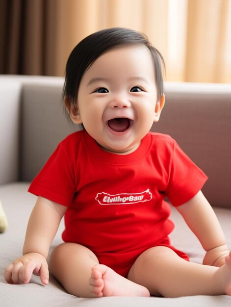 Photo a baby wearing a red shirt that says  baby  on it