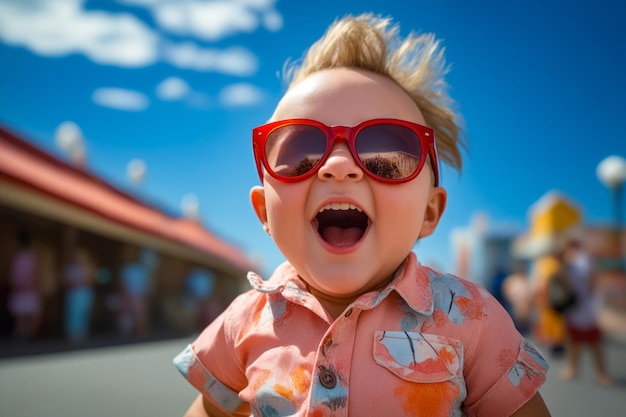 Baby wearing red sunglasses and pink shirt with blue sky in the background generative ai