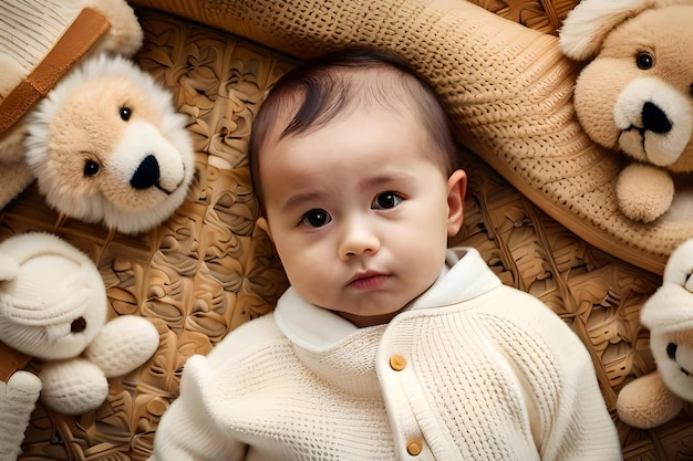 A baby wearing a sweater with a yellow button on it