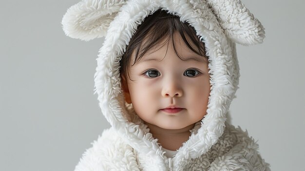 Foto un bambino che indossa un abito da coniglietto bianco con un tag su di esso