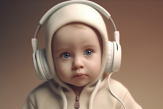 A baby wearing a white headphones with the word music on it.