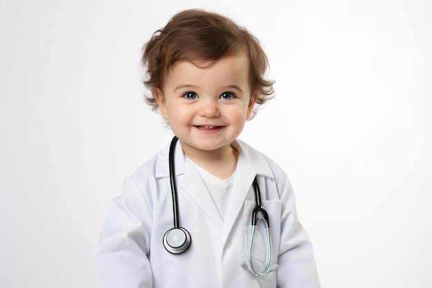 a baby wearing a white lab coat and a stethoscope