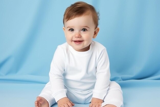 a baby wearing a white outfit that says  baby