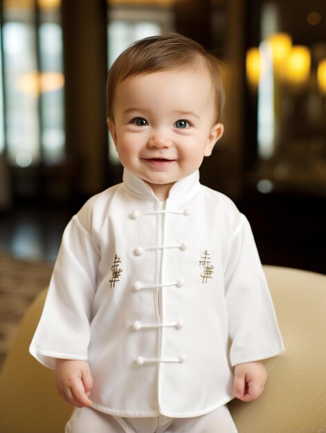 Photo a baby wearing a white outfit with a gold design on the front