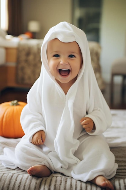 Photo a baby wearing a white robe that says  happy halloween