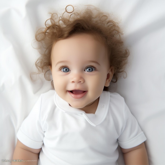 Foto bambino che indossa una camicia bianca modello di bodysuit sullo sfondo bianco del letto disegno oneie modello di stampa pre