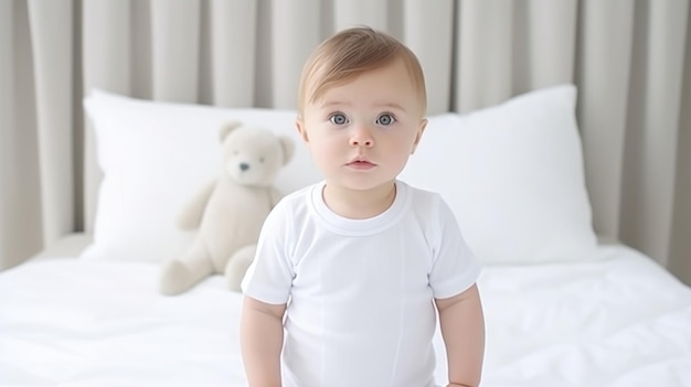 Baby wearing white shirt bodysuit mockup at white bed background Design onesie template print