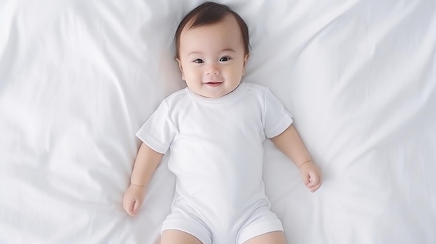 Baby wearing white shirt bodysuit mockup at white bed background Design onesie template