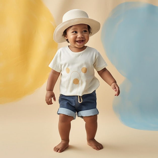 a baby wearing a white shirt that says " baby ".