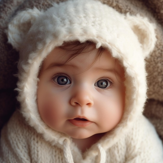 a baby wearing a white sweater with a brown nose and a brown fuzzy hood