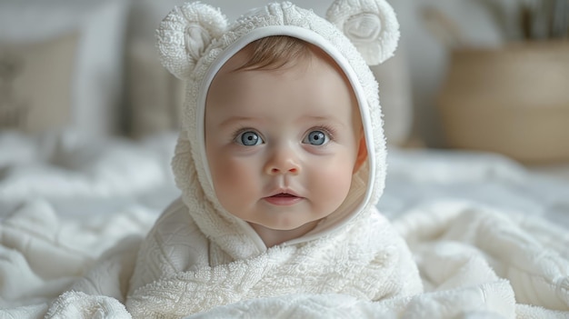 Baby in White Bear Outfit on Bed