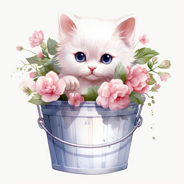 Photo baby white cat in a bucket watercolor floral clipa