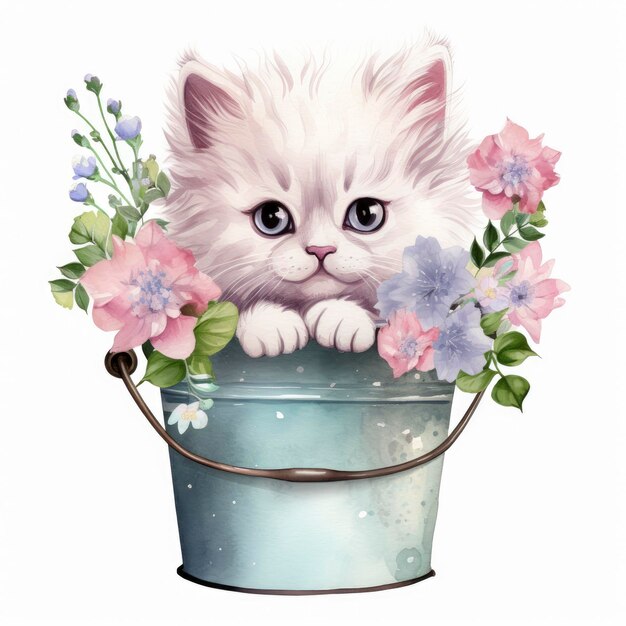 Photo baby white cat in a bucket watercolor floral clipa