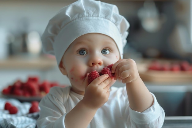 Photo baby in white chef hat and apron eating raspberries with a surprised expression in a modern kitchen