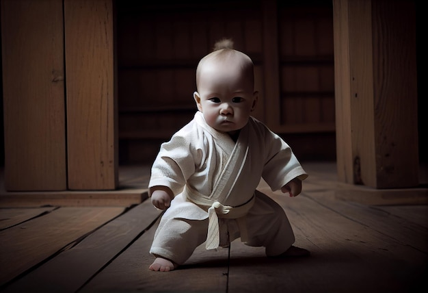 Baby in a white kimono in a fighting position in a wooden dojo Generate Ai