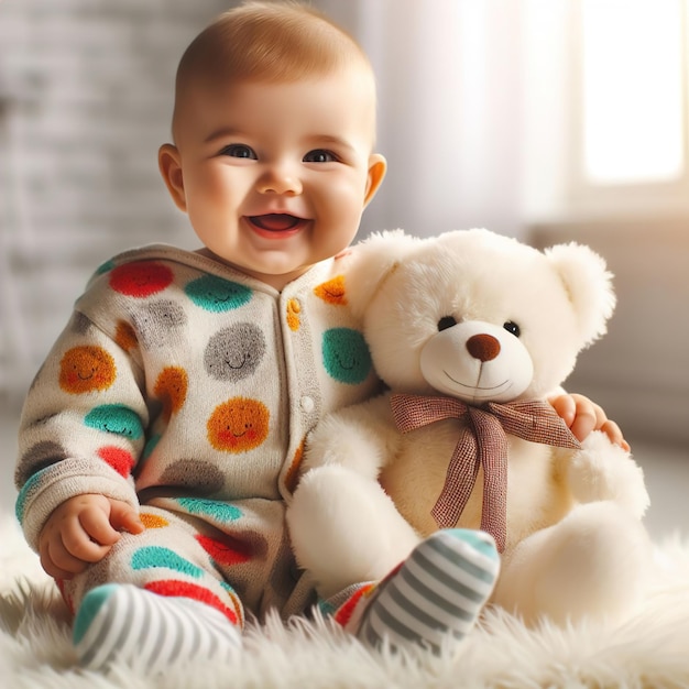 baby with bear toy cute baby with teddy bear on floor