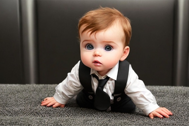 a baby with blue eyes and a black shirt