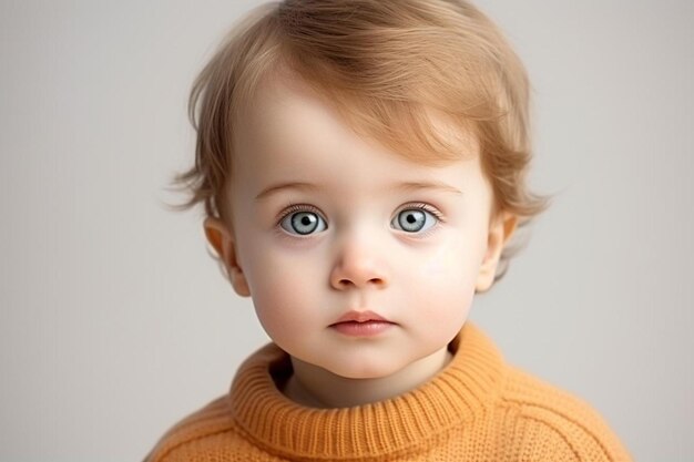 a baby with a blue eyes and a brown sweater