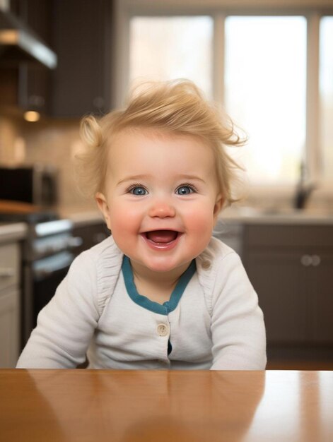 a baby with a blue eyes and a sweater on