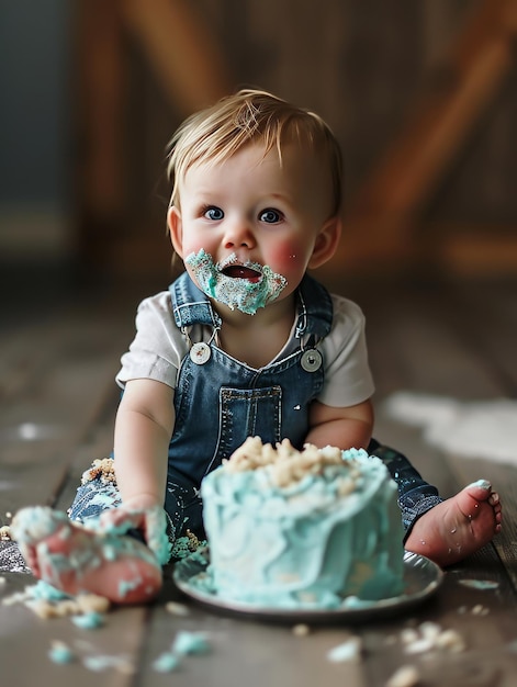 Foto un bambino con la glassa blu sulla faccia e una torta