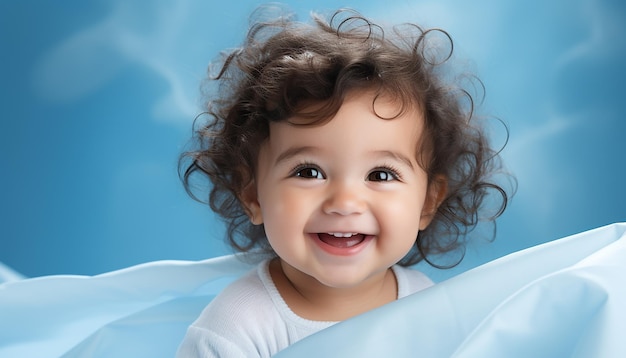 a baby with curly hair is lying on a blue background