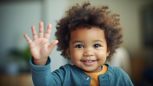 Photo a baby with curly hair waving and waving