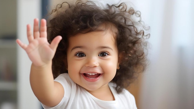 Photo a baby with curly hair waving in the wind
