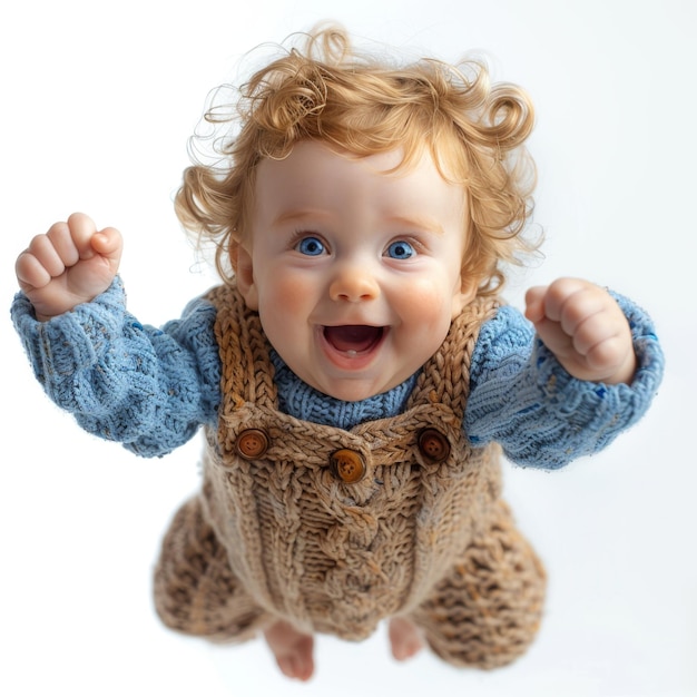 Ребёнок с кудрявыми волосами в свитере и комбинезоне