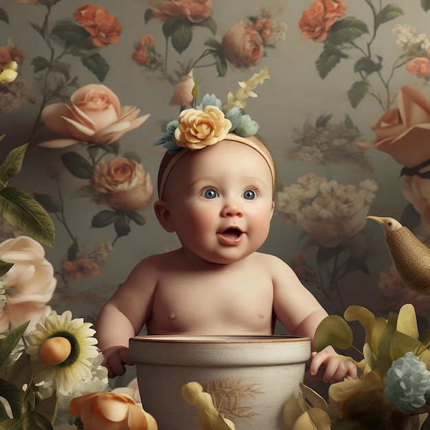 A baby with a flower on her head sits in a bowl with a flower on it.