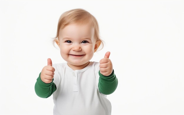 A baby with a green shirt that says thumbs up.