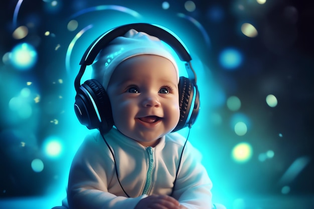 A baby with headphones on and a blue background with red and blue lights