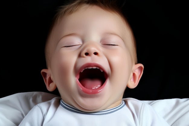 a baby with his mouth open on a black background